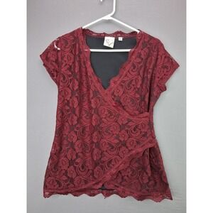 Janet Chung Lace Wrap Top Womens XL Burgundy Floral Short Sleeve Surplice Blouse